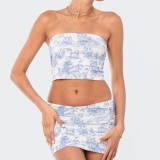Women Summer Sleeveless Printed Strapless Top and Skirt Two-piece Set