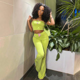 Women Summer Solid Sleeveless Strapless Embroidered Top and Bell Bottom Pant Two-Piece Set