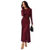 Women Elegant Solid mesh Patchwork Round Neck Long-Sleeve Dress