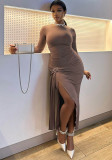 Women Summer Solid Round Neck Long-Sleeved Irregular Tie-Up Slit Pleated Dress