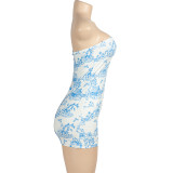 Women Summer Sleeveless Printed Strapless Top and Skirt Two-piece Set