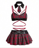 Women Scottish School Uniform Sexy Bondage Plaid Lingerie Two-Piece Set