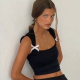 Women Summer Solid Square Neck Sleeveless Bow Cropped Top