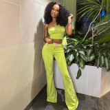 Women Summer Solid Sleeveless Strapless Embroidered Top and Bell Bottom Pant Two-Piece Set
