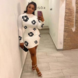 Women Spring Round Neck Long-Sleeved Floral Print Mini Dress