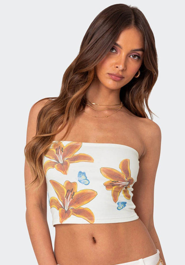 Women Summer Crop Print Strapless Top