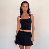 Women Summer Solid Square Neck Sleeveless Bow Cropped Top