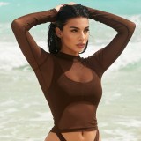 Women Summer Sexy Solid Round Neck Mesh See-Through Long-sleeved Top