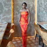 Women Summer Sleeveless Strapless Printed Bodycon Dress