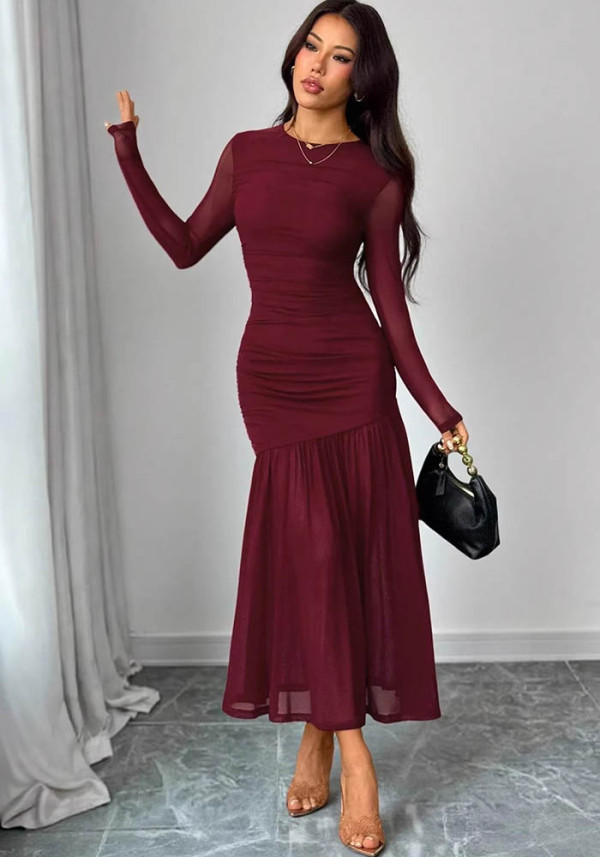 Women Elegant Solid mesh Patchwork Round Neck Long-Sleeve Dress