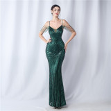 Plus Size Women Beaded Sequined Camisole Evening Dress