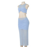 Women Summer Solid Sleeveless Mesh Patchwork Top and Skirt Two-Piece Set