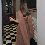 Women Sexy Backless Mesh Patchwork Strapless Scarf Collar Dress Two-Piece Set