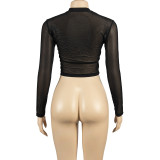 Women Summer Sexy Solid Round Neck Mesh See-Through Long-sleeved Top