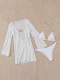 Women Sexy Beach Casual Solid Halter Neck Lace-Up Swimsuit Three-Piece
