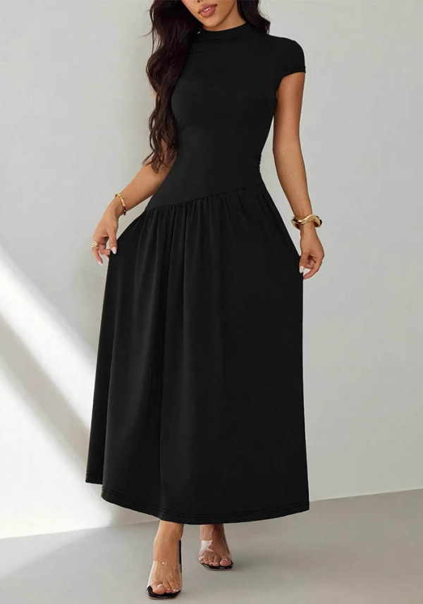 Women Elegant Solid Short-Sleeve Dress
