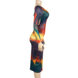 Women Autumn Off-Shoulder Long-sleeved Printed Bodycon Dress