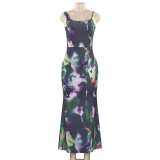 Women Summer Sleeveless Spaghetti Strap Printed Maxi Dress