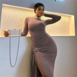 Women Summer Solid Round Neck Long-Sleeved Irregular Tie-Up Slit Pleated Dress