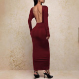 Women Elegant Solid Backless Long-Sleeve Dress