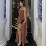 Women Sexy Backless Mesh Patchwork Strapless Scarf Collar Dress Two-Piece Set