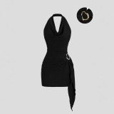 Women Elegant Solid V-Neck Halter Neck Backless Dress