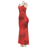 Women Summer Sleeveless Spaghetti Strap Printed Maxi Dress