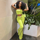 Women Summer Solid Sleeveless Strapless Embroidered Top and Bell Bottom Pant Two-Piece Set