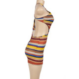 Women Summer Striped Halter Neck Lace-up Sexy Bodycon Dress