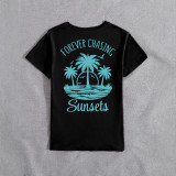 Women Front and Back Printed Coconut Tree and Sunset Print Short-Sleeve Casual T-Shirt