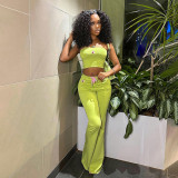 Women Summer Solid Sleeveless Strapless Embroidered Top and Bell Bottom Pant Two-Piece Set