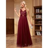Women Sleeveless V-Neck Tulle Embroidered Evening Dress
