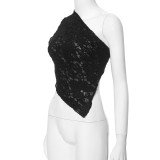 Women Summer Solid Asymmetrical Slash Shoulder Sleeveless Lace Top