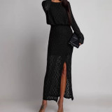 Women Spring Round Neck Long Sleeve Sexy Hollowed-out Lace Solid Slit Maxi Dress