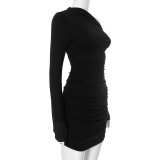 Women Autumn Solid Slash Shoulder Sexy One-Shoulder Ruffled Bodycon Dress