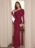 Women's One-Shoulder Mesh Long Sleeve Solid Color Slim Fit Formal Party Evening Gown