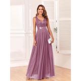 Women Sleeveless V-Neck Tulle Embroidered Evening Dress