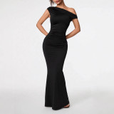 Women Elegant Solid Slash Shoulder Maxi Dress