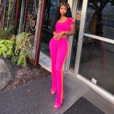 Women Summer Solid Patchwork Short-Sleeved Top and Pants Two-Piece Set