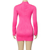 Women Spring Solid Round Neck Long-sleeved Water Wave Sexy Bodycon Dress