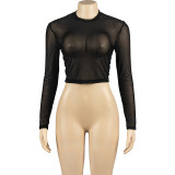 Women Summer Sexy Solid Round Neck Mesh See-Through Long-sleeved Top