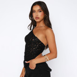 Women Summer Solid Asymmetrical Slash Shoulder Sleeveless Lace Top