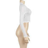 Women Summer Sexy Solid Round Neck Mesh See-Through Long-sleeved Top
