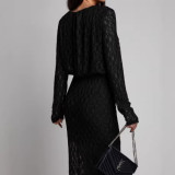 Women Spring Round Neck Long Sleeve Sexy Hollowed-out Lace Solid Slit Maxi Dress