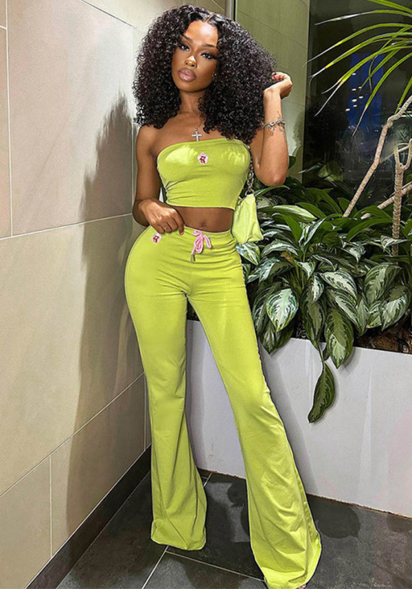 Women Summer Solid Sleeveless Strapless Embroidered Top and Bell Bottom Pant Two-Piece Set