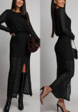 Women Spring Round Neck Long Sleeve Sexy Hollowed-out Lace Solid Slit Maxi Dress