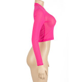 Women Summer Sexy Solid Round Neck Mesh See-Through Long-sleeved Top