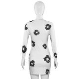 Women Spring Round Neck Long-Sleeved Floral Print Mini Dress