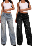 Women Beaded Washed Denim Trousers