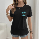 Women Front and Back Printed Coconut Tree and Sunset Print Short-Sleeve Casual T-Shirt